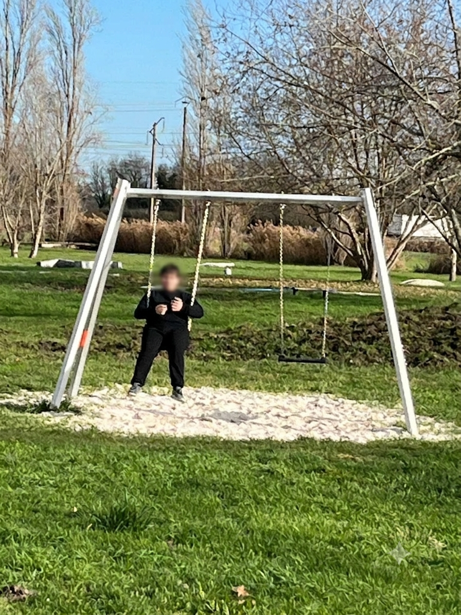 Accompagnement éducatif en extérieur — enfant sur balançoire dans un parc, Bordeaux Métropole